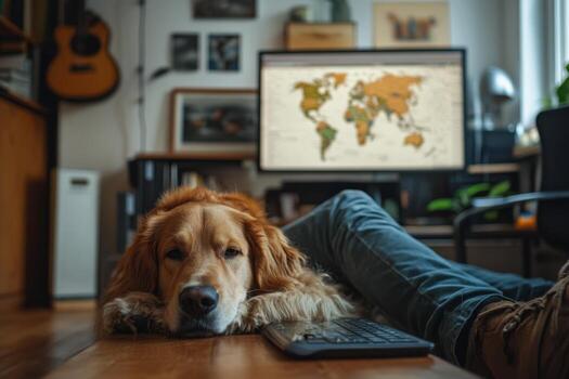 A golden retriever is lying on the floor in front of a computer photo