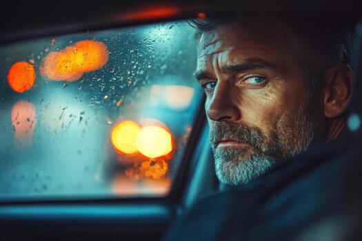 A man with a beard looking out the window of a car photo