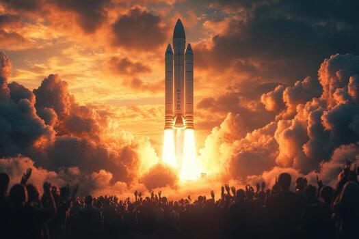 A rocket is launched into the sky with people watching photo