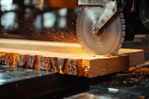 A machine cutting wood with sparks photo
