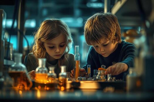 Two children working in a laboratory photo