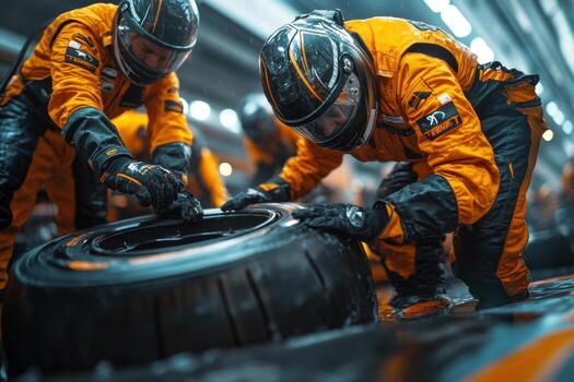 Two men in orange uniforms working on a tire photo