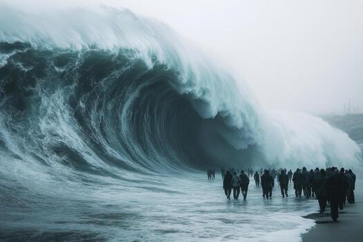 A group of people standing on the beach in front of a large wave photo
