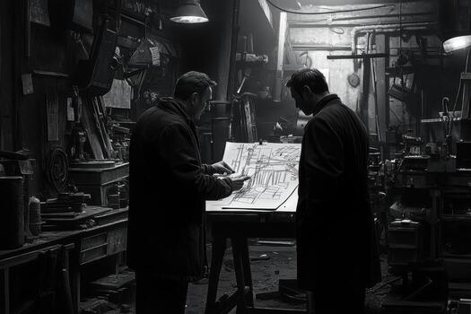 Two men in a workshop looking at a blueprint photo