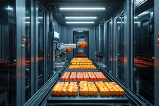 A robot is moving through a factory with orange crates photo