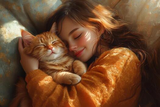 A woman is hugging a cat while laying on a couch photo