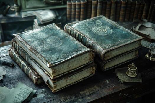 Old books on a table in a library photo