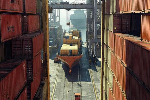A large container ship is docked in a port photo