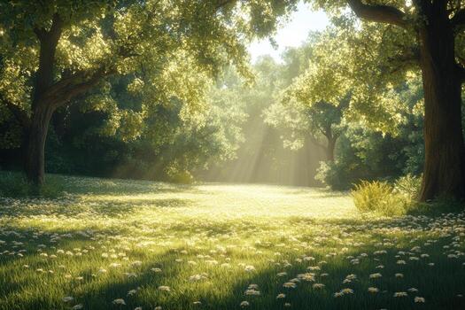 A field with trees and grass and sun shining through photo