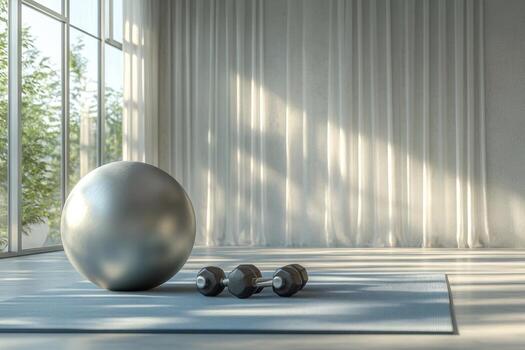 A silver ball and two dumbbells in front of a window photo