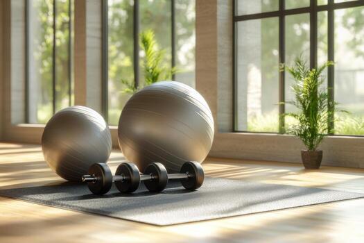 A gym room with two exercise balls and dumbbells photo