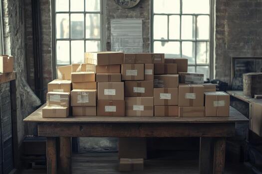 A table with many boxes stacked on it photo