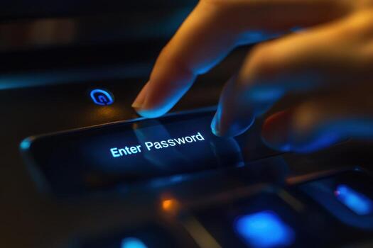 A person is pressing the enter password button on a computer photo