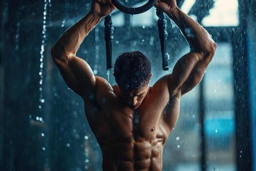 A man is doing a pull up in the rain photo