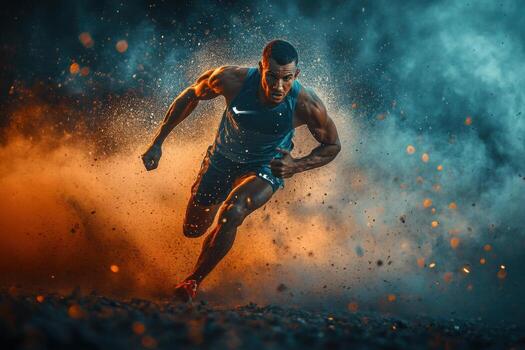 Athlete running in the dark with smoke and dust photo