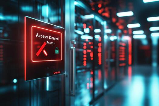 A red sign on a wall in a data center photo