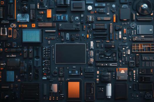 A large collection of electronic devices on a black background photo