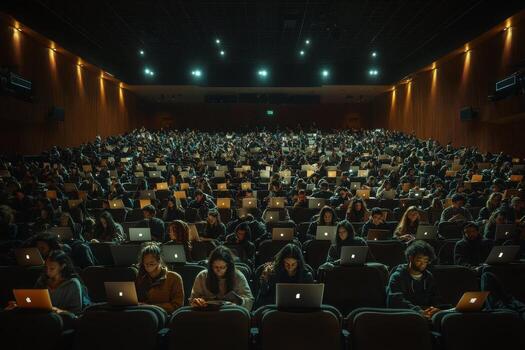 A large group of people sitting in a theater with laptops photo