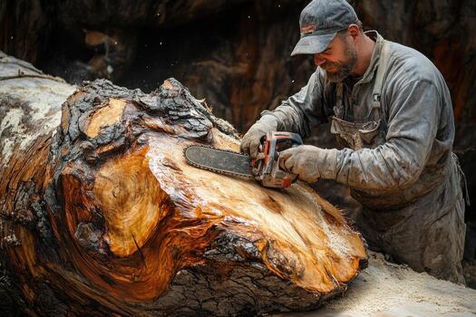 A man is cutting a large log with a chainsaw photo
