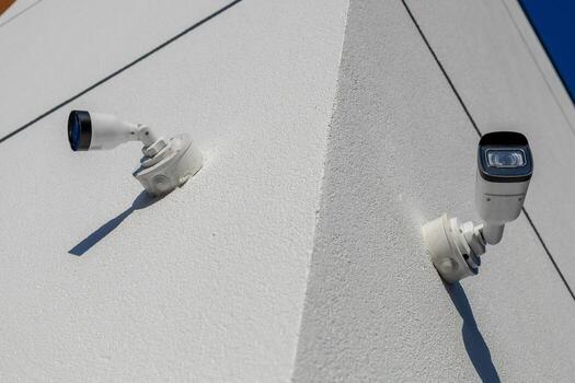 Two security cameras are mounted on the corner of a building, providing surveillance coverage in a bright environment with a clear sky photo
