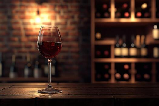 A wine glass is sitting on a table in front of a wine rack photo