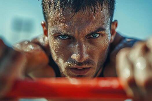 A man is doing push ups on a bar photo