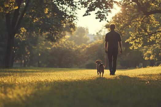 Man walking with dog in park at sunset photo