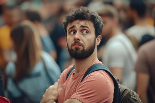 A man with a beard and backpack standing in a crowd photo