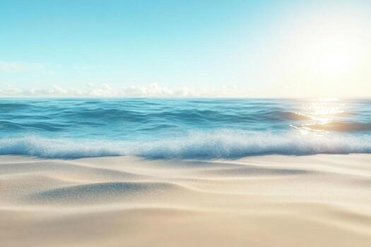 A beach with waves and sun shining over it photo