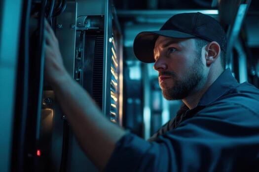 A man in a black shirt and cap is looking at a computer photo