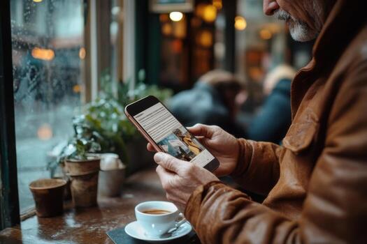 Man using smartphone in cafe photo