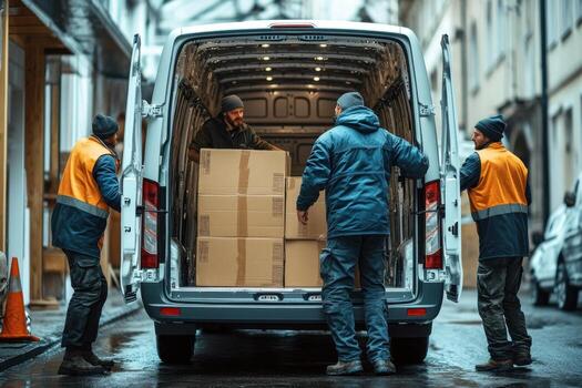 Three men unloading boxes from a van photo