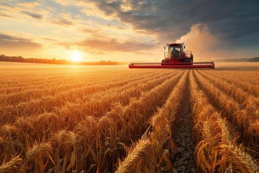 A combine harvester in a wheat field at sunset photo