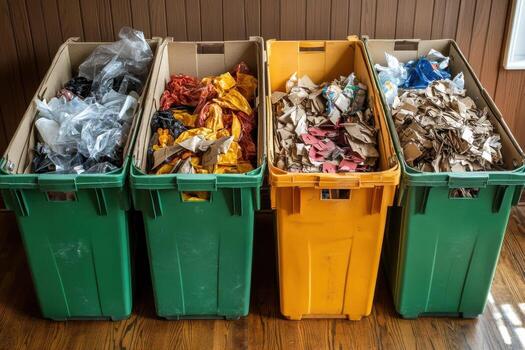 Three large green and yellow trash cans with paper and plastic in them photo