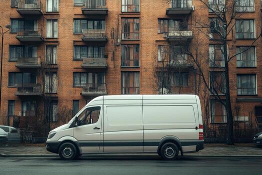 A white van is parked in front of a building photo