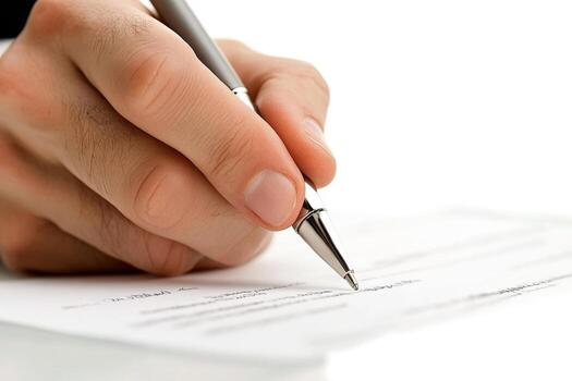 A person is signing a document with a pen photo