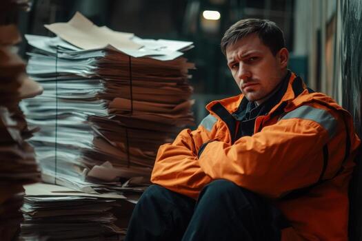 A man in an orange jacket sitting in front of stacks of papers photo