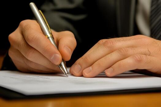 A person in a suit writing on a piece of paper photo