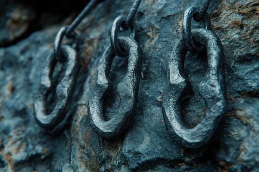 Three metal hooks hanging from a rock photo