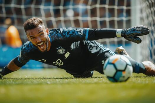 A goalkeeper is lying on the ground and is about to catch the ball photo
