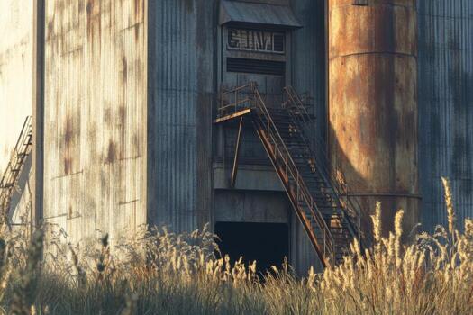 An old building with a ladder and stairs photo