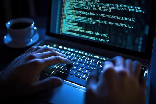 A person typing on a laptop computer with code on the screen photo