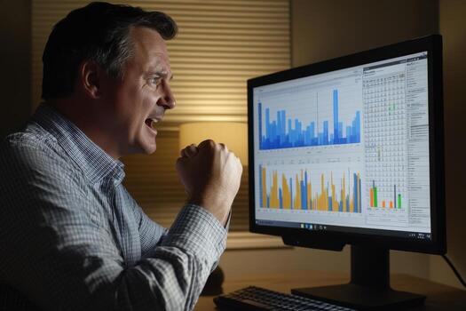 A man is sitting in front of a computer screen with graphs on it photo