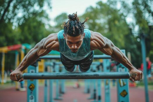 A man doing a pull up on a bar photo