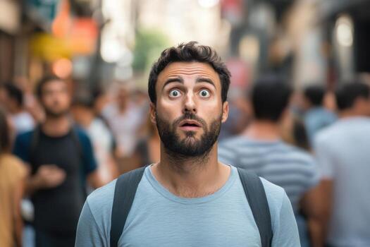 A man with a beard and backpack looking surprised in a crowded city photo
