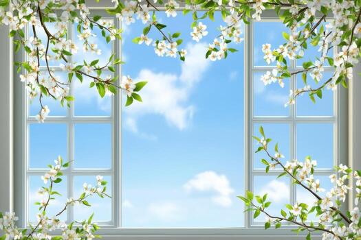 An open window with flowers and sky photo