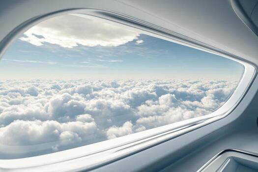 An airplane window looking out over the clouds photo