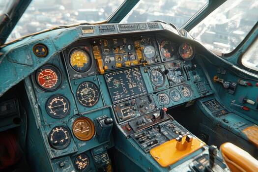 The cockpit of an old plane with many gauges photo