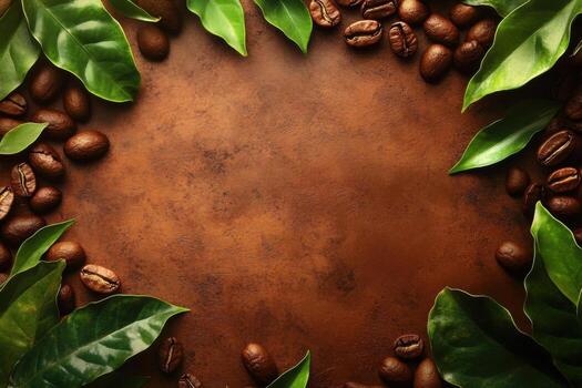 Coffee beans and leaves on a rustic background photo
