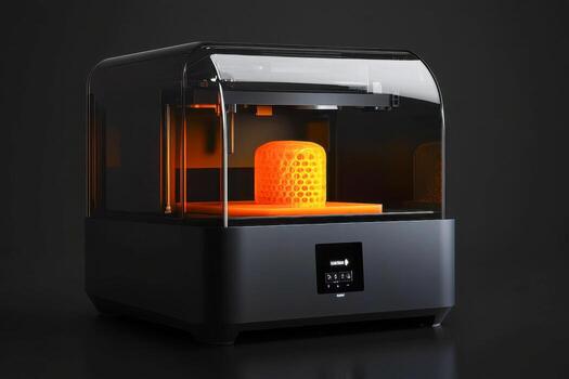 Advanced 3D printer producing a complex glowing orange honeycomb object. Modern additive manufacturing technology creating innovation on a dark background. photo